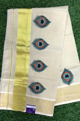 Traditional Kerala Golden Tissue SetSaree with Peacock Feather Prints