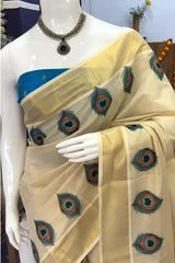 Traditional Kerala Golden Tissue SetSaree with Peacock Feather Prints