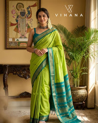 Kanchi Cotton Saree Parrot Green Color