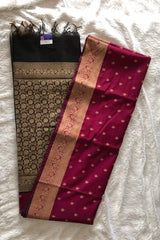 Premium Pure Handloom Cotton Saree Dark Magenta and Black Elegance