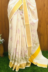 Traditional Kerala Cotton SetSaree with Lavender Lotus 3D Digital Print