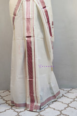 Premium Quality Handloom Kerala Cotton Set Mundu with Maroon and Silver Stripes Border