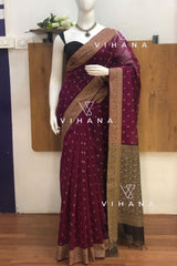 Premium Pure Handloom Cotton Saree Dark Magenta and Black Elegance