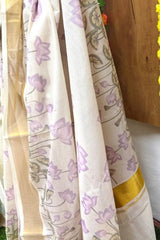 Traditional Kerala Cotton SetSaree with Lavender Lotus 3D Digital Print