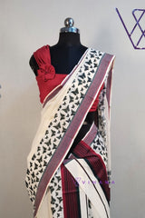 Traditional Kerala Attire along Maroon and Green Stripes with Butterfly Print Borders
