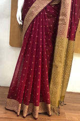 Premium Pure Handloom Cotton Saree Beetroot Red and Gold Elegance