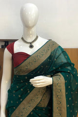 Premium Pure Handloom Cotton Saree Peacock Green and Red Elegance