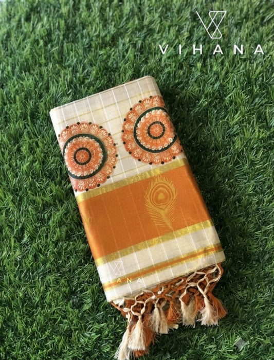 Rust Orange & Golden Kasavu Border Kerala Tissue Set Saree with Blouse-VS376