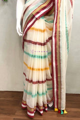 Elegant Cream Pure 120 count Mul Cotton Saree with Vibrant Borders and Hand-knotted Tassels.