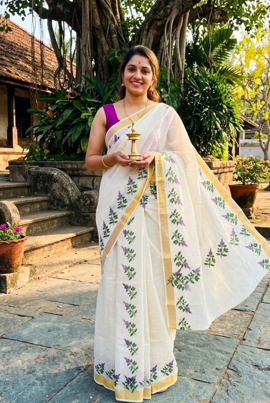Kerala Cotton Set Mundu With Thulasi Kathir Prints