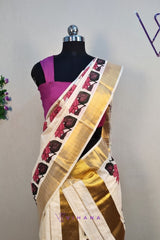 Kerala Cotton Set Mundu with Golden Strip with Lotus Print