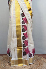Kerala Cotton Set Mundu with Golden Strip with Lotus Print