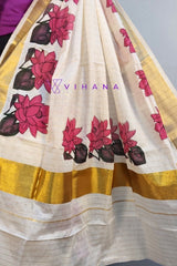 Kerala Cotton Set Mundu with Golden Strip with Lotus Print