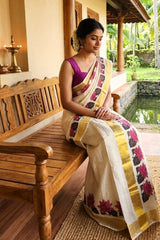 Kerala Cotton Set Mundu with Golden Strip with Lotus Print