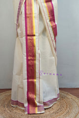 Traditional Kerala Set Mundu with Pink and Gold Kasavu Border