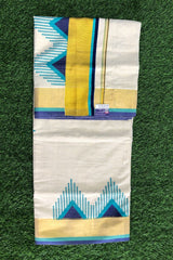 Traditional Kerala Cotton Micro Check Patterned Set Saree with Temple Borders