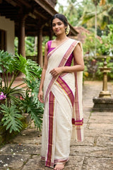 Traditional Kerala Set Mundu with Pink and Gold Kasavu Border