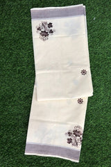 Kerala Cotton Set Saree With Coffee Brown Floral Prints