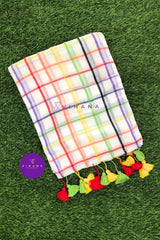 Aiswarya Laxmi Inspired White Mul Cotton Saree with Vibrant Multicolored Check Pattern