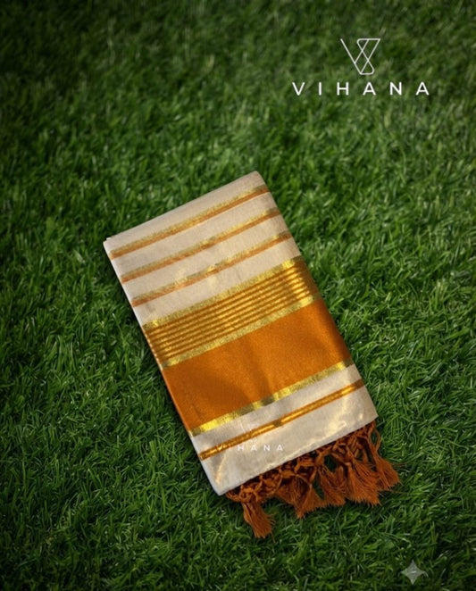 Rust Orange & Golden Kasavu Border Kerala Tissue Set Saree with Blouse-VS374