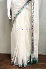 White Mul Cotton Saree with Embroidery Lace Border