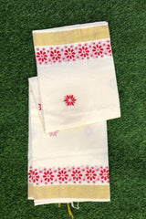 Elegant Off-White Cotton Set Saree with Golden Zari Border and Red Floral Prints