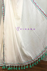 White Mul Cotton Saree with Embroidery Lace Border
