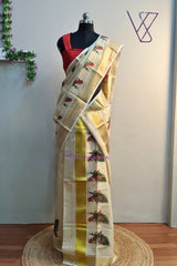 Peacock Feather and Flute Print Set Mundu with Classic Kasavu Elegance