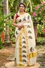Peacock Feather and Flute Print Set Mundu with Classic Kasavu Elegance