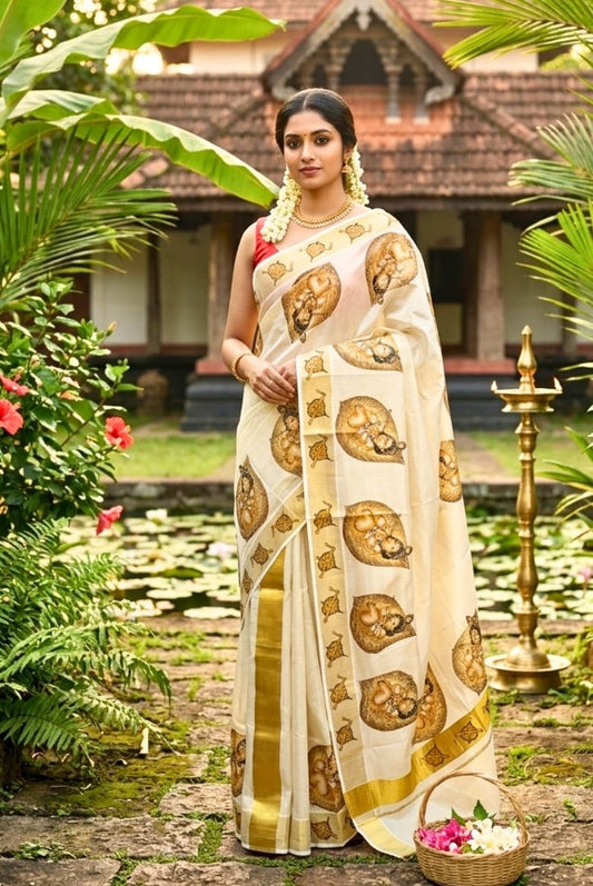 Kerala Tissue Set Mundu with Lord Krishna and Aalila Prints