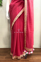 Pink Mul Cotton Saree with Embroidery Lace Work