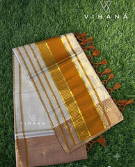 Rust Orange & Golden Kasavu Border Kerala Tissue Set Saree with Blouse-VS374