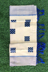 Kerala Handloom Tissue Set Saree with Royal Blue Geometric Prints