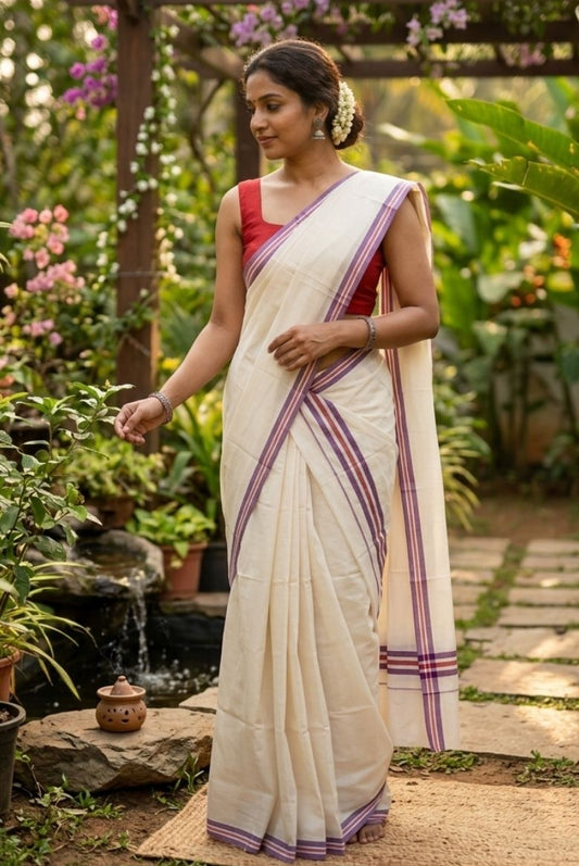 Kerala Mulloth Cotton Set Mundu with Dark Lavender and Red Striped Border.