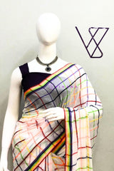 Aiswarya Laxmi Inspired White Mul Cotton Saree with Vibrant Multicolored Check Pattern