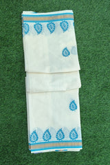 Stunning Blue-Bordered Cotton Set Saree With Traditional Leaf Prints