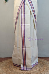 Kerala Mulloth Cotton Set Mundu with Dark Lavender and Red Striped Border.