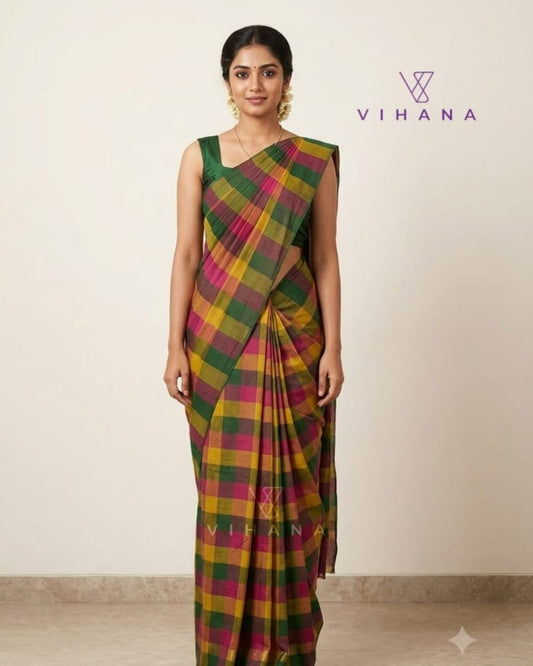 Madras Kattam Checked Cotton Saree Multi Color