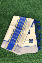 Kerala Handloom Tissue Set Saree with Royal Blue Geometric Prints