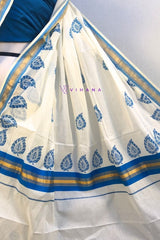 Stunning Blue-Bordered Cotton Set Saree With Traditional Leaf Prints