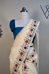 Multi color Floral Design Kerala Cotton Set Mundu