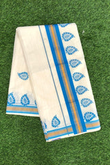 Stunning Blue-Bordered Cotton Set Saree With Traditional Leaf Prints