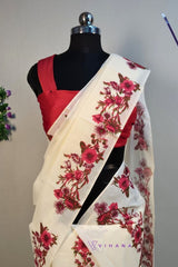 Red Floral Design Kerala Cotton Set Mundu
