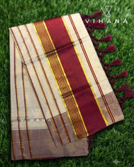 Maroon & Golden Kasavu Border Kerala Tissue Set Saree with Blouse-VS367