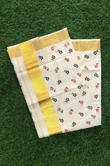 Elegant Kerala Cotton Set Saree with Orange and Black Floral Prints