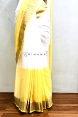 Pure 120 Count Half Dyed White and Yellow Mul Cotton Saree