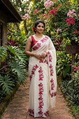 Red Floral Design Kerala Cotton Set Mundu