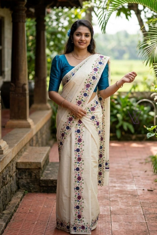Multi color Floral Design Kerala Cotton Set Mundu