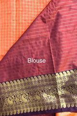 Rust Orange Banarasi Katan Silk Check Design Saree with Burgundy Border