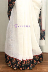 Pure White Linen Cotton Saree with Striking Blackish Green Border